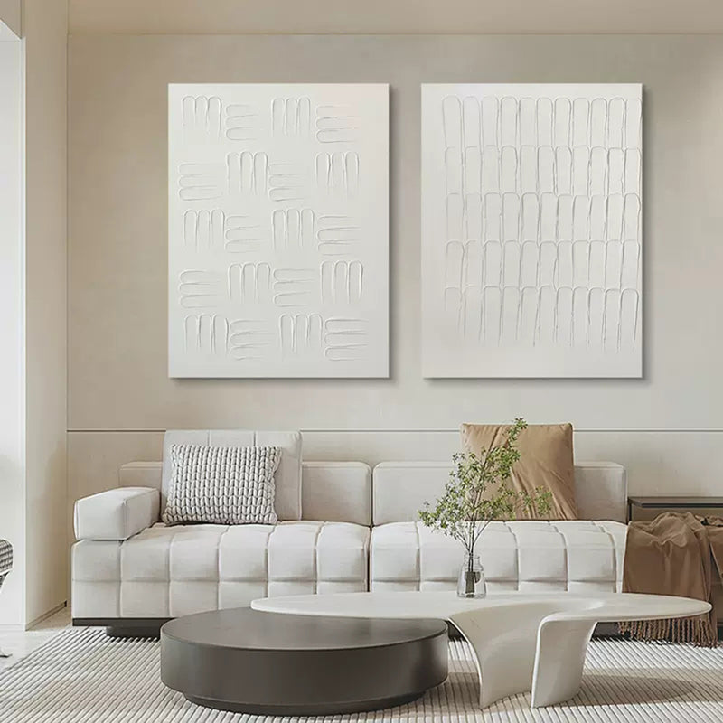 White 3D minimalist abstract painting set of 2 White plaster abstract art on canvas set of 2 textured wall art