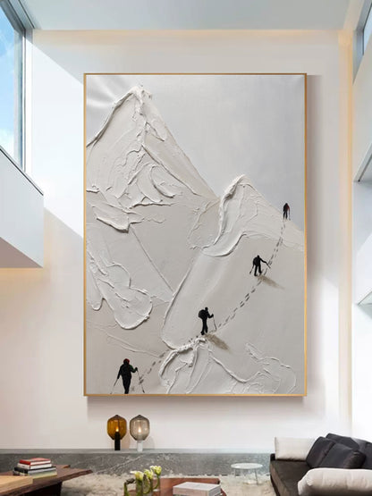 Snow Mountain Climbing Painting Skier Canvas Art White Plaster Art Snow Mountain Landscape Wall Art