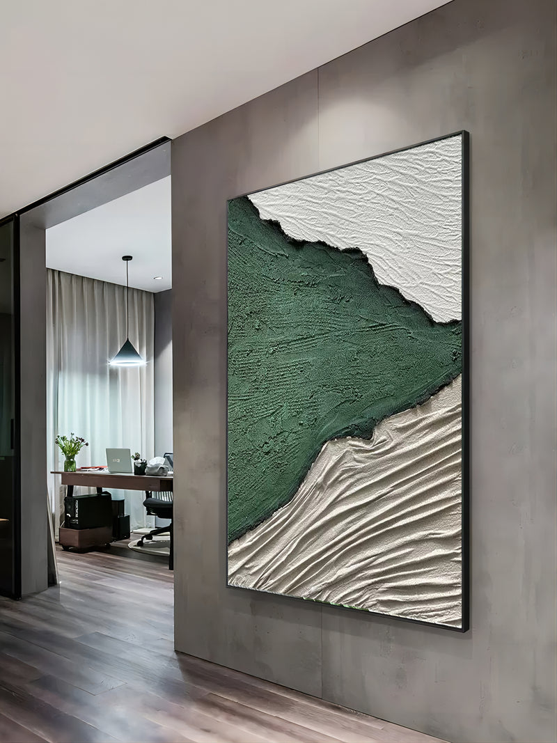 White and Green 3D Minimalist Abstract Painting Plaster Artwork on Canvas 3d Textured Wall Art