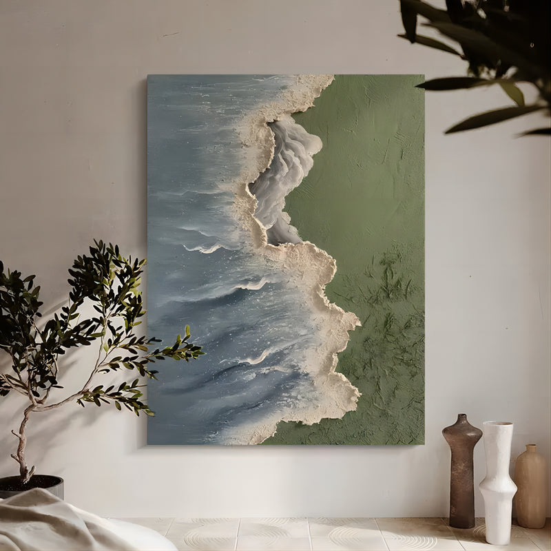 White and Green Beach Ocean Waves 3D Texture Painting Wabi-Sabi Wall Art Large Landscape Canvas Art