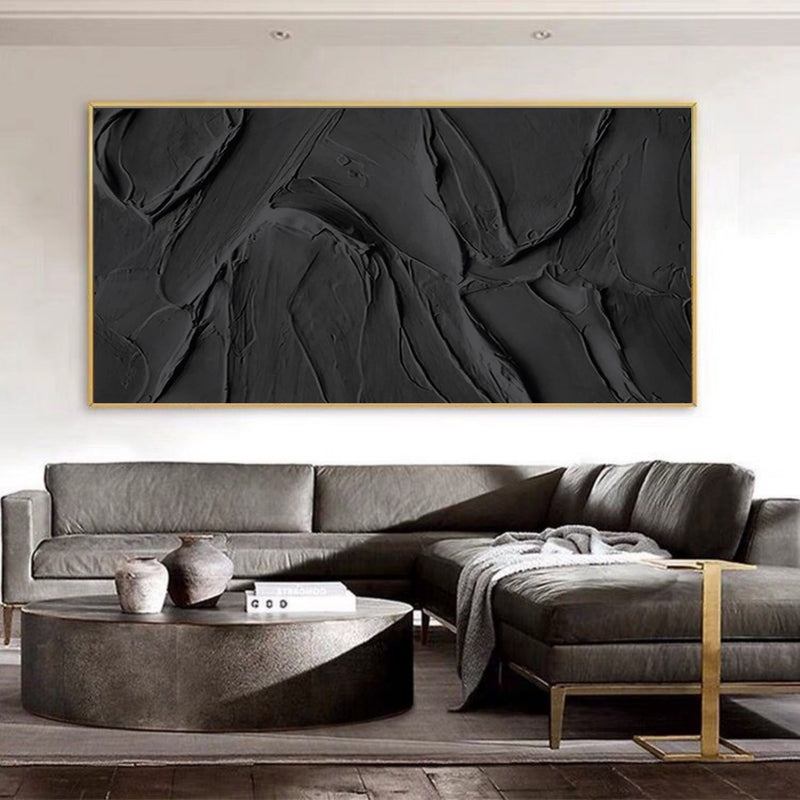 Panoramic Black 3D Abstract Painting Large Black Textured Wall Art Modern Minimalist Black Abstract Canvas Art