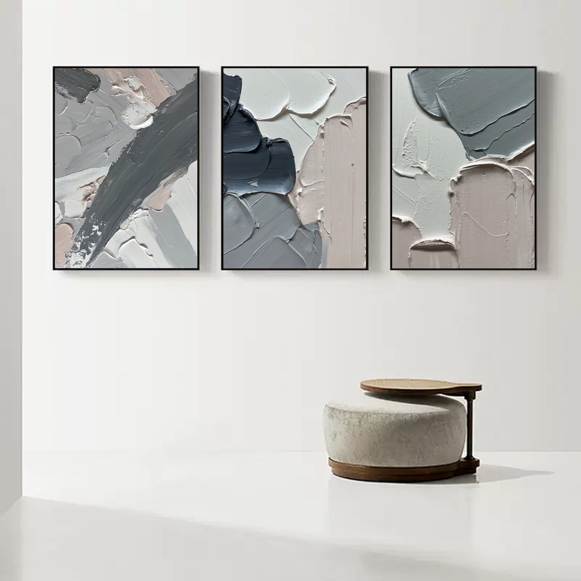 Large 3D Gray Abstract Art on Canvas Set of 3 Plaster Wall Art Textured Wall Decor Painting Set of 3