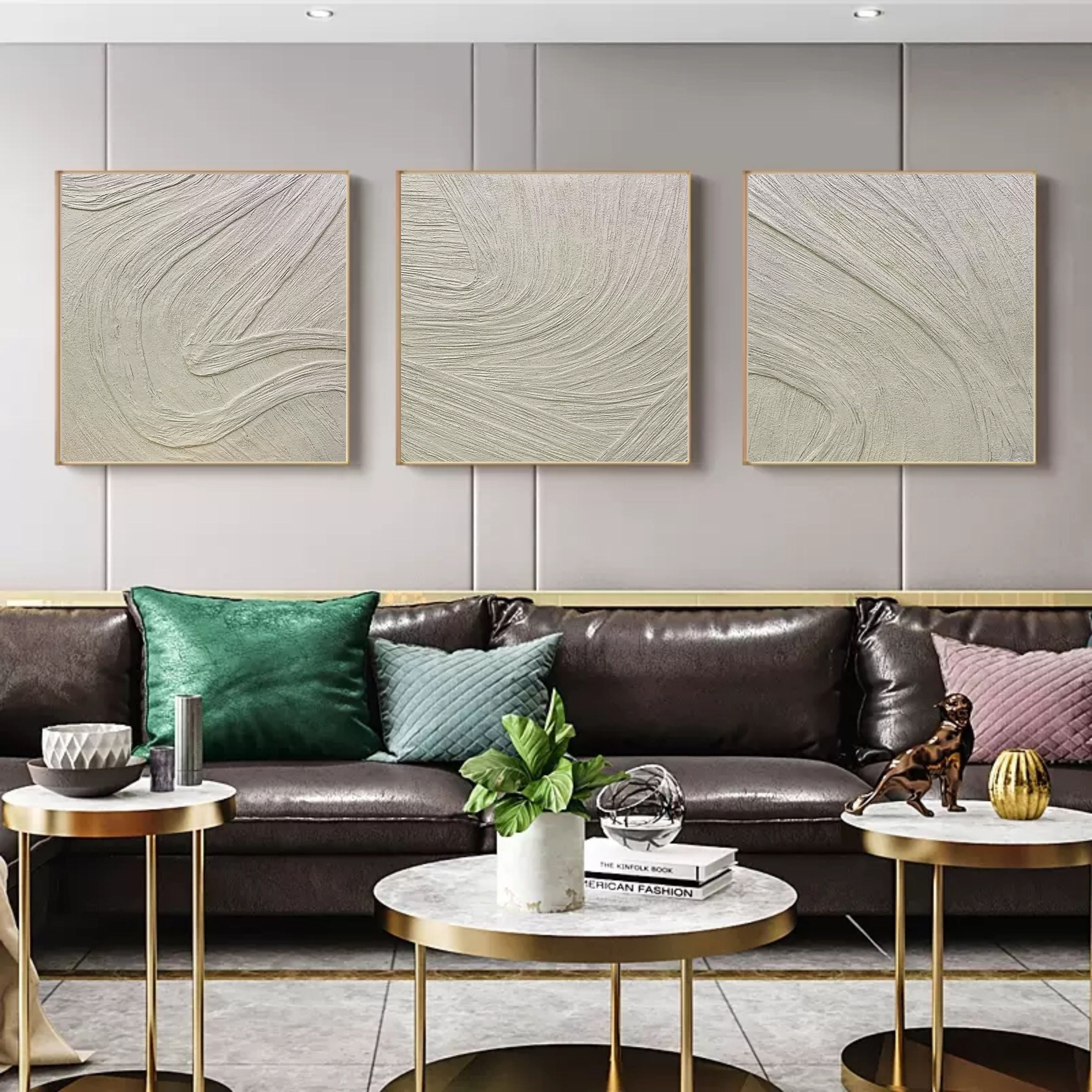 Beige 3D Texture Painting Set of 3 White Minimalist Canvas Art Set of 3 3D Plaster Wall Art Set of 3
