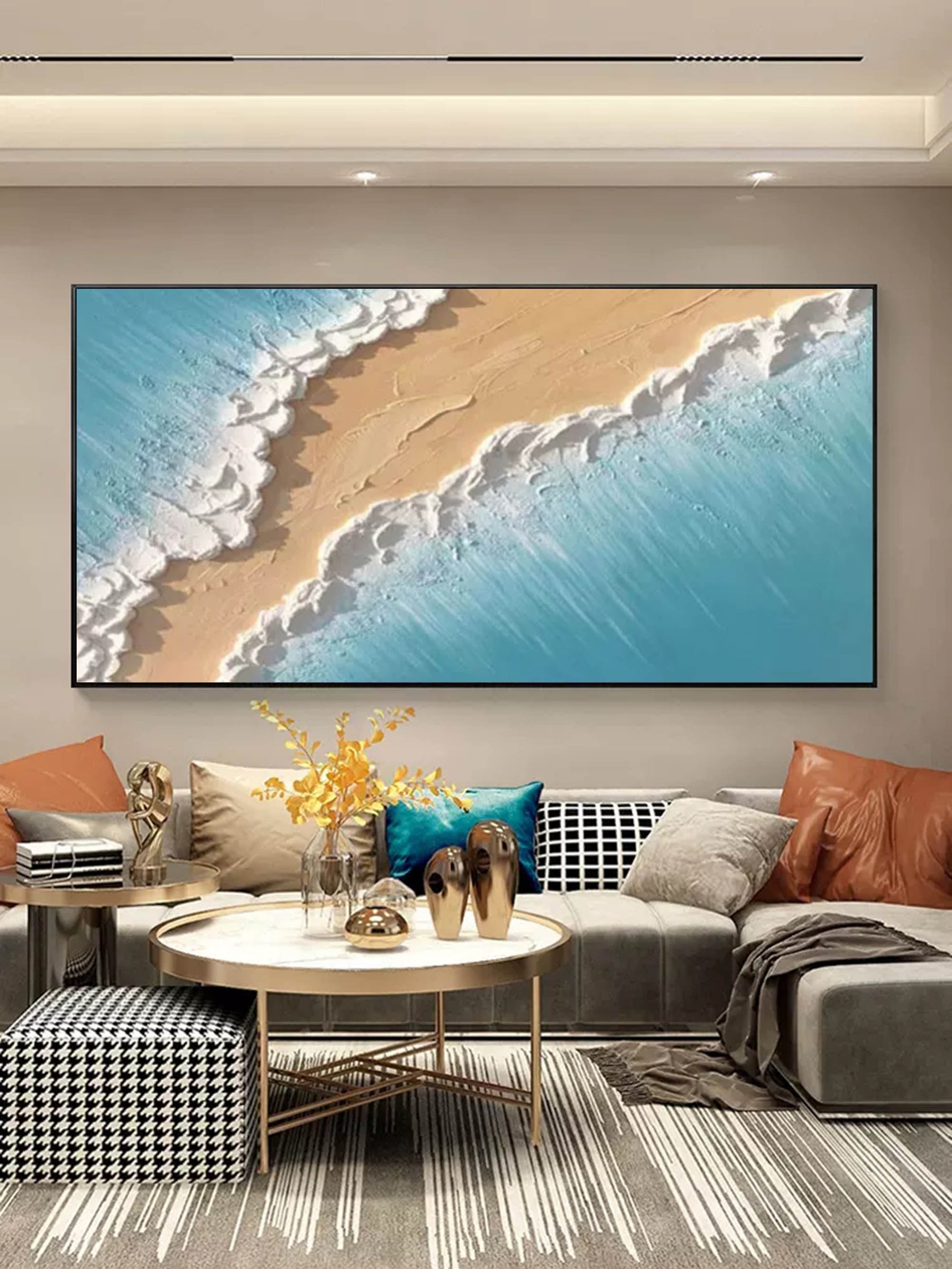 Blue Sea 3D Textured Acrylic Painting Horizontal Living Room Wall