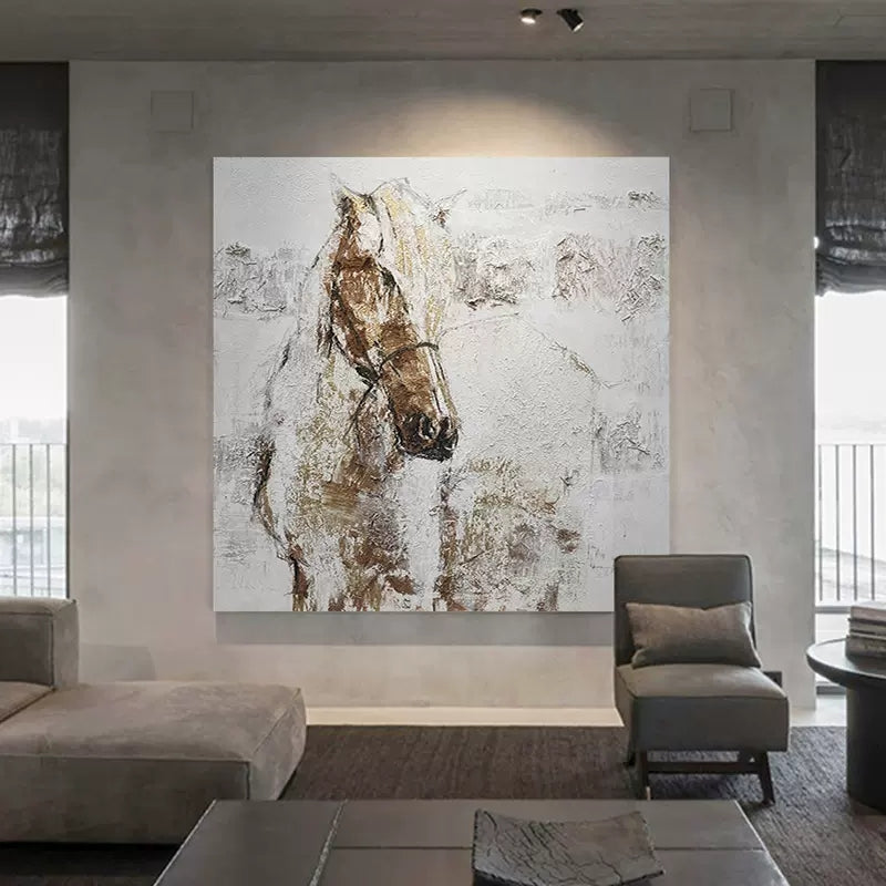 White Horse Oil Painting Textured Horse Canvas Wabi Sabi Wall Art Contemporary Horse Home Decor