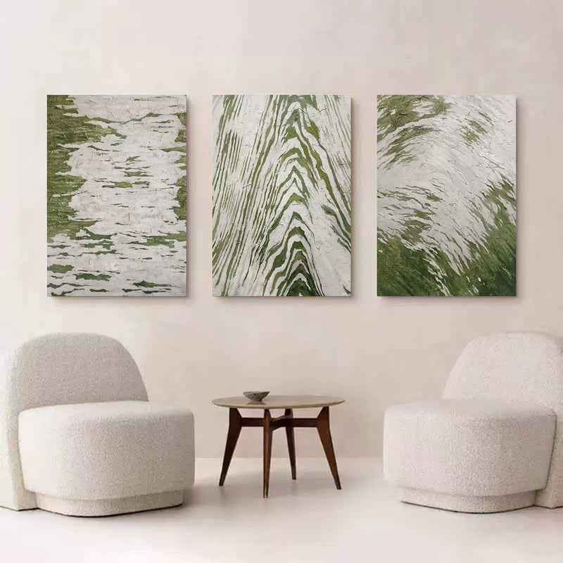 3D Green and Gray Abstract Canvas Art Set of 3 Textured Abstract Oil Painting Set of 3 Minimalist Wall Art