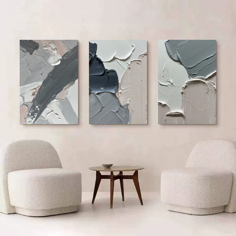 Large 3D Gray Abstract Art on Canvas Set of 3 Plaster Wall Art Textured Wall Decor Painting Set of 3