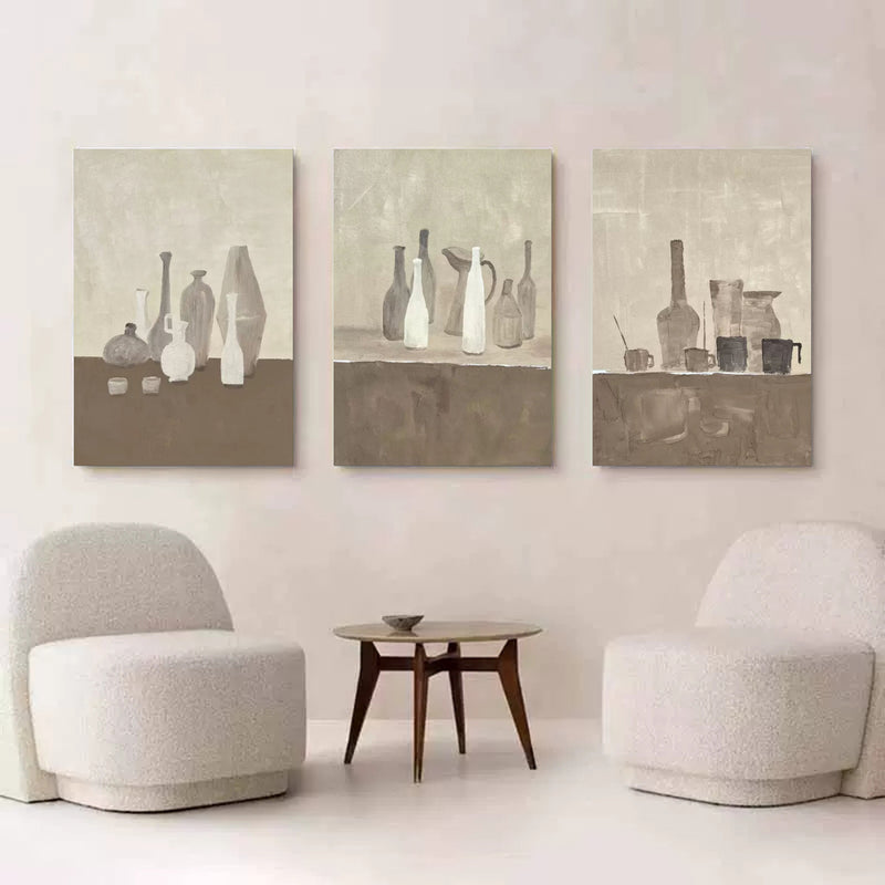 Large 3D Gray and Brown Oil Painting Set of 3 Still Life Oil Painting 3 piece set Wabi Sabi Wall Art