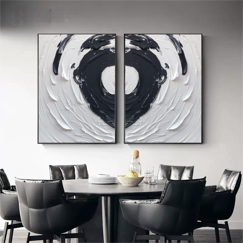 Black and White 3D Abstract Painting Set of 2 Black and White Textured Wall Art Set of 2 Plaster Abstract Canvas Painting