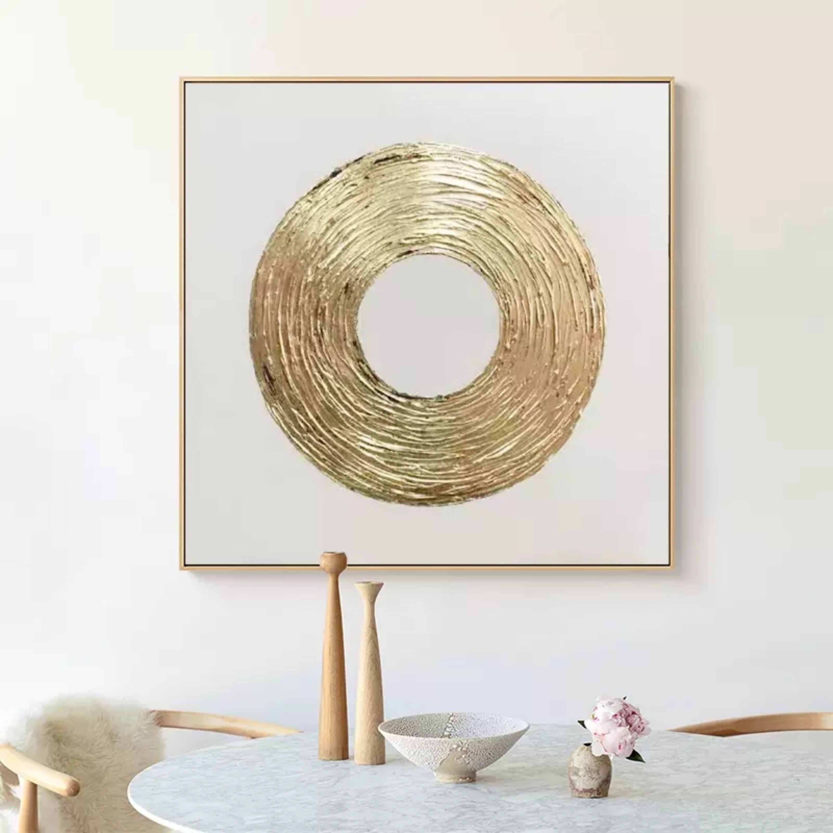 Gold and White 3D Abstract Painting Circle Painting Gold Textured Wall Art Gold Abstract Canvas Art