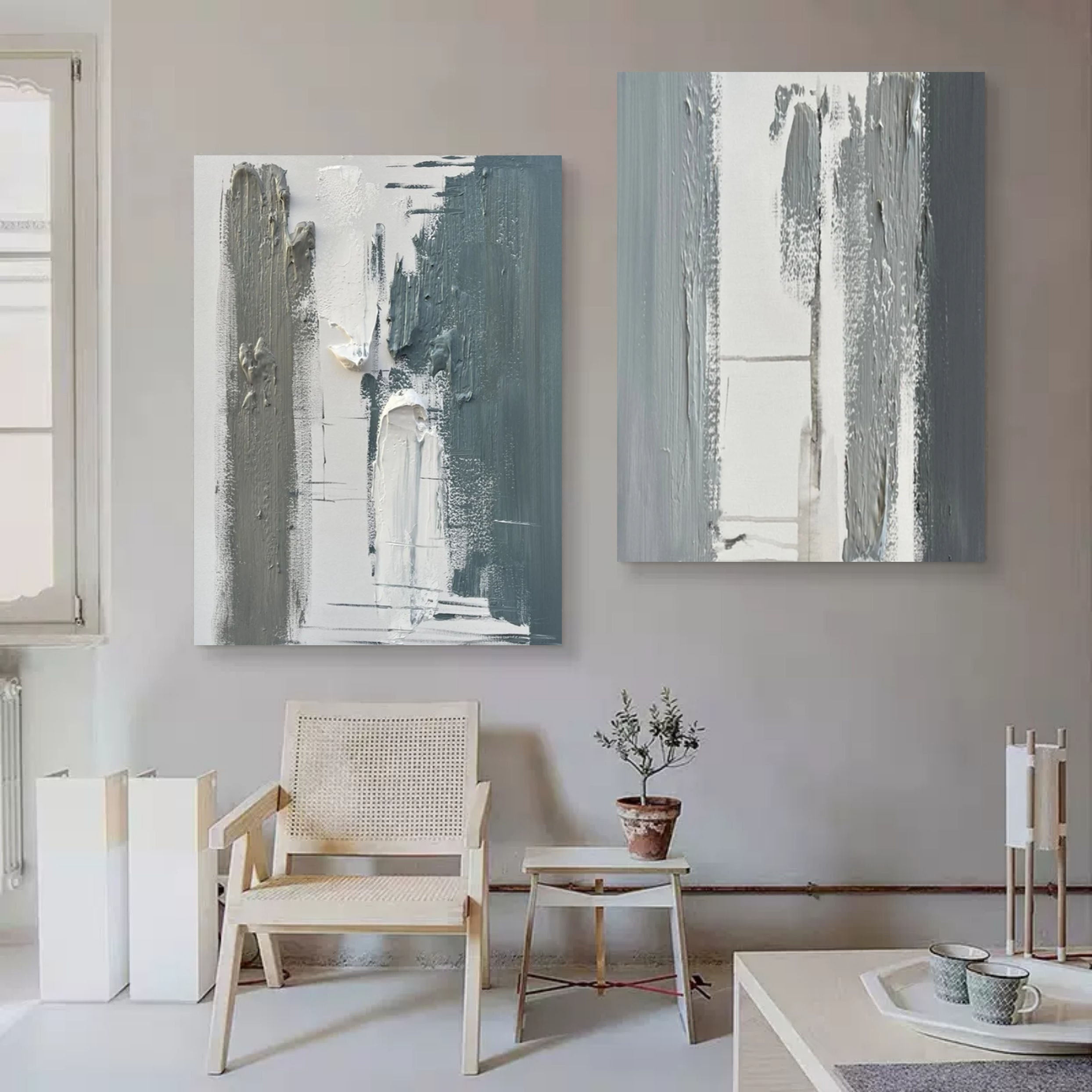 Green 3D Minimalist Canvas Art Set of 2 Textured Wall Art Wabi-Sabi Wall Decor Painting Set of 2