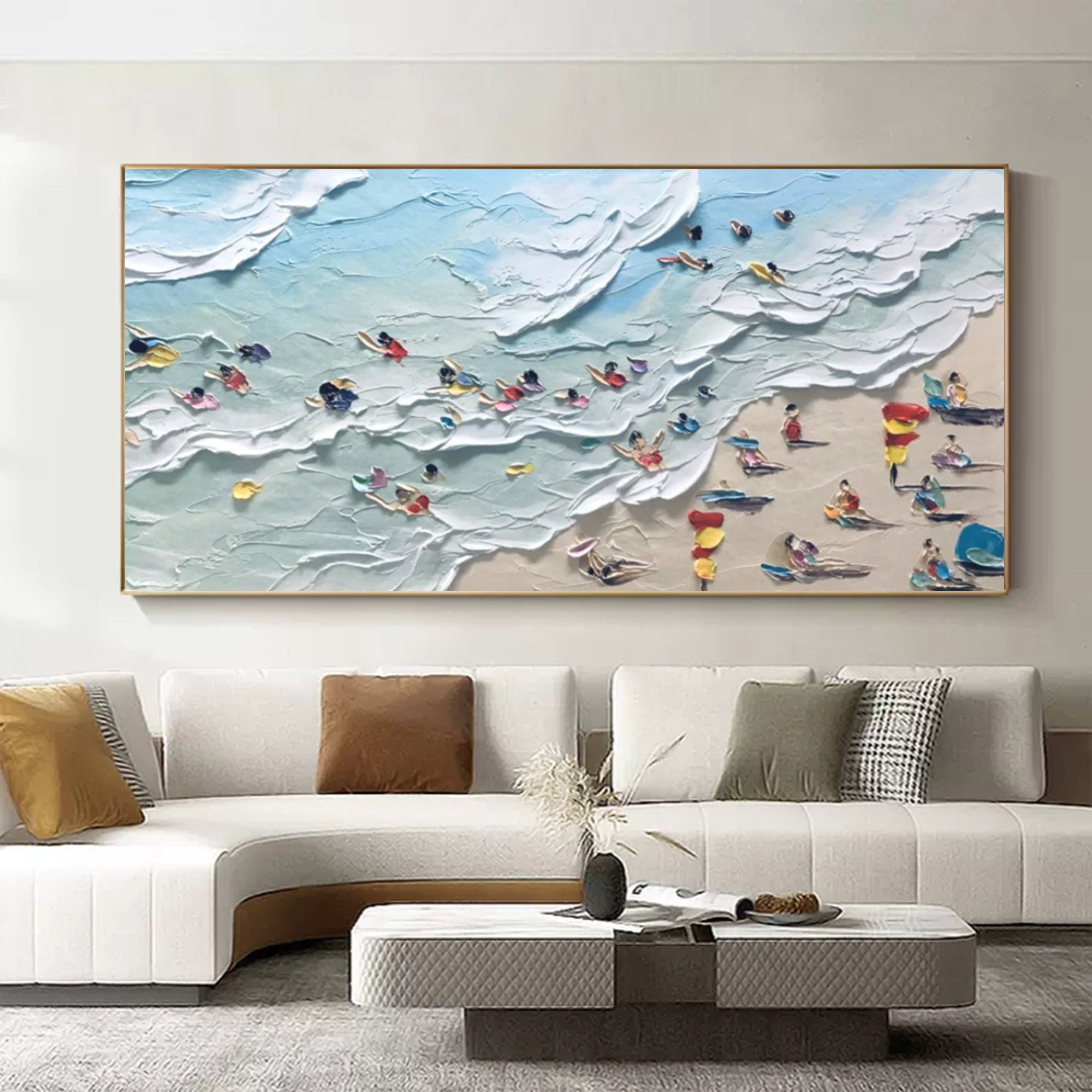 Large Blue 3D Texture Painting Seaside Surf Canvas Art Seaside Swimming Painting Sea Landscape Art