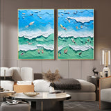 Seaside Surf Paintings on Canvas Blue Sea 3D Texture Painting Set of 2 White 3D Plaster Art Swimming Paintings