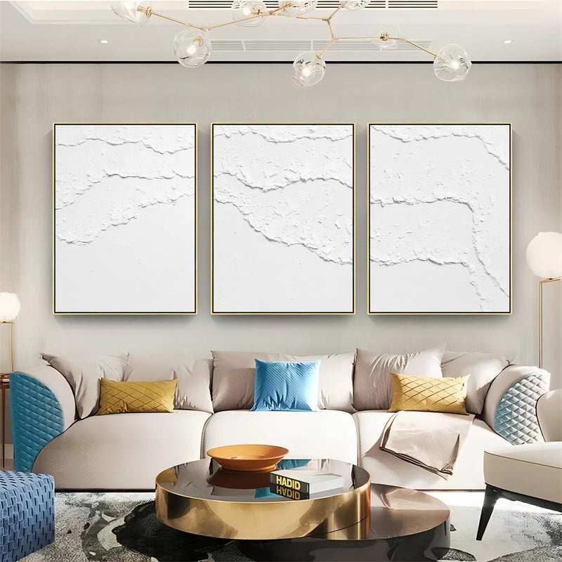 Large White 3D Abstract Art Textured Wall Art Plaster Wall Art Minimalist Canvas Painting Set of 3