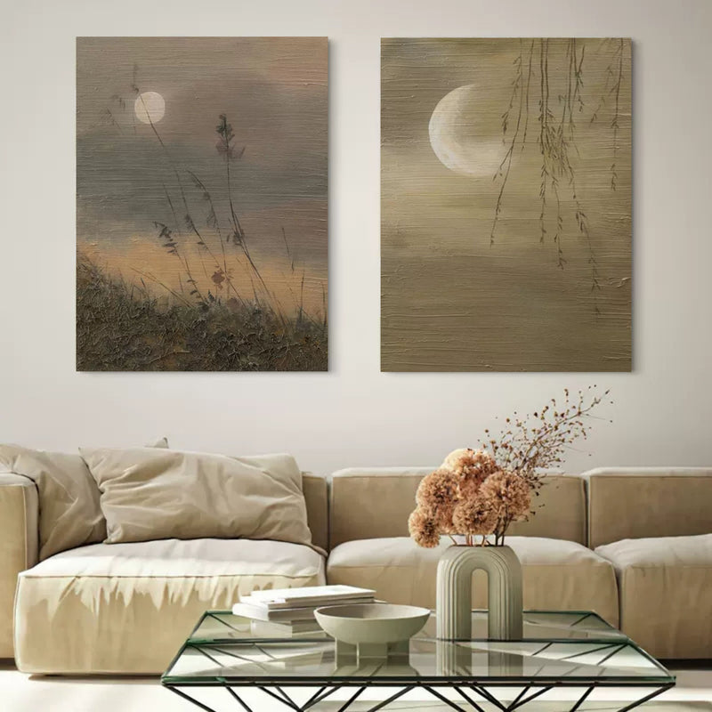 Moon Oil Painting Set of 2 Moon Landscape Art Canvas Set of 2 Wabi Sabi Painting Textured Wall Art