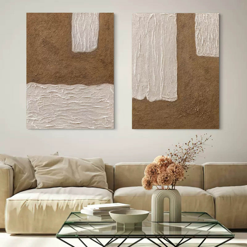 Brown and Beige 3D Abstract Painting Set of 2 Wabi-Sabi Wall Decor Painting Set of 2 Minimalist Painting Set of 2