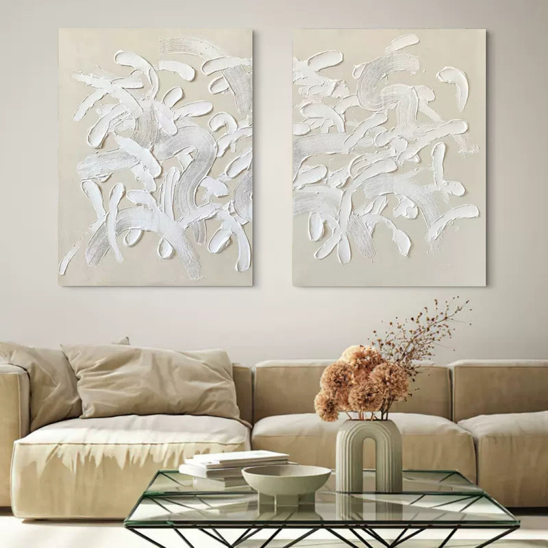 Set of 2 3D Beige Art Canvas Abstract Beige Oil Painting Set of 2 Beige Textured Wall Art Set of 2