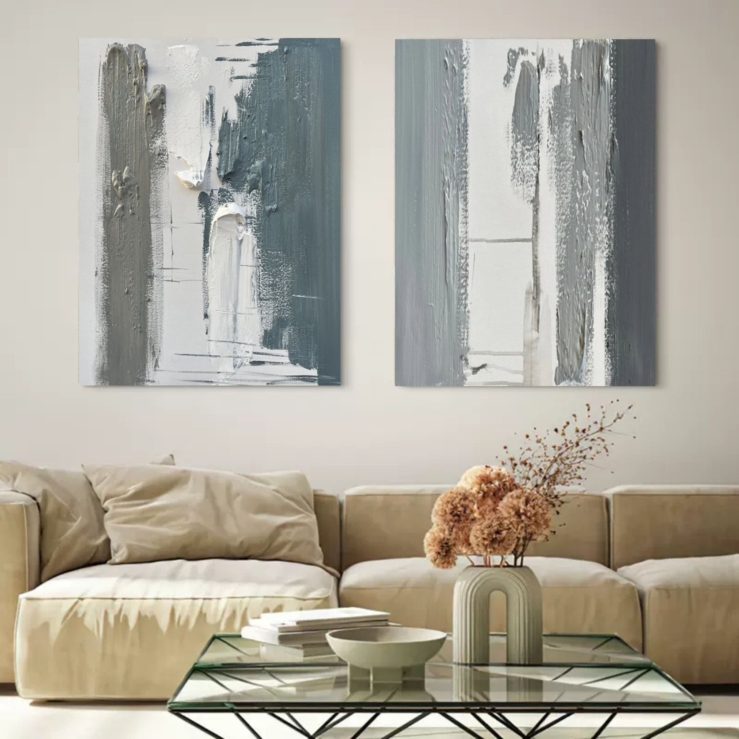 Green 3D Minimalist Canvas Art Set of 2 Textured Wall Art Wabi-Sabi Wall Decor Painting Set of 2