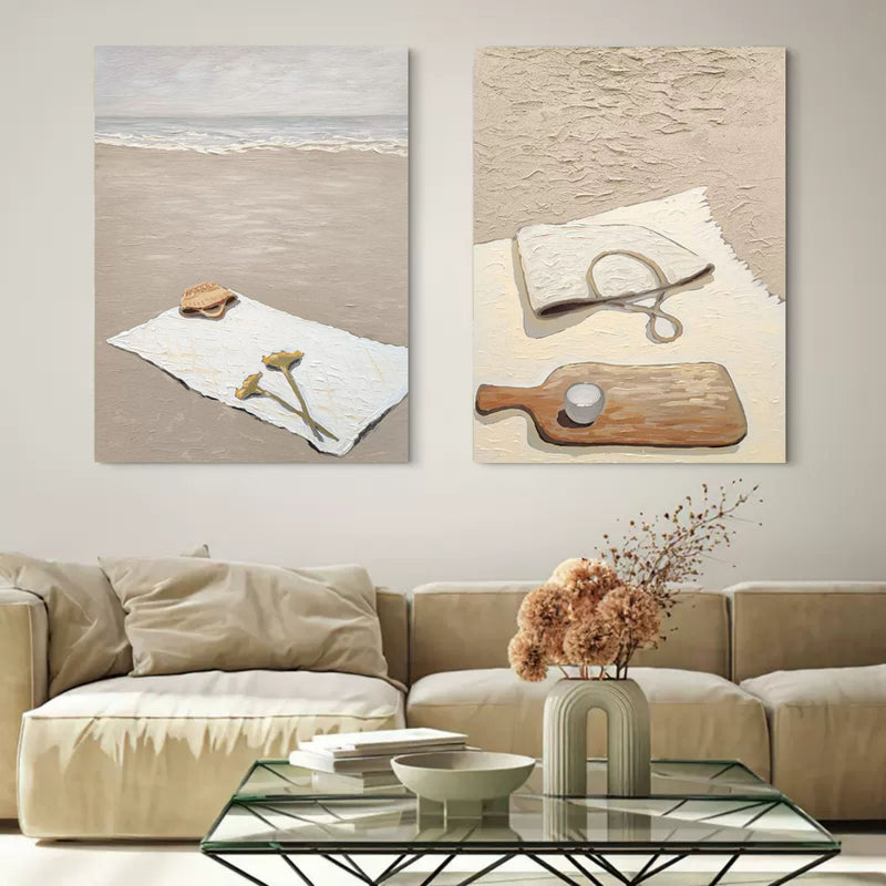 Wabi Sabi Painting Set of 2 Beach Landscape Art Canvas Texture Wall Art Still Life Painting Set of 2