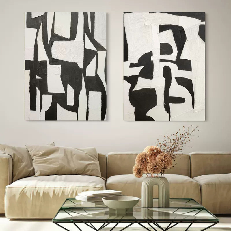 Set of 2 3D Black and White Art Canvas Abstract Black and White Oil Painting Set of 2 Wabi Sabi Wall Art