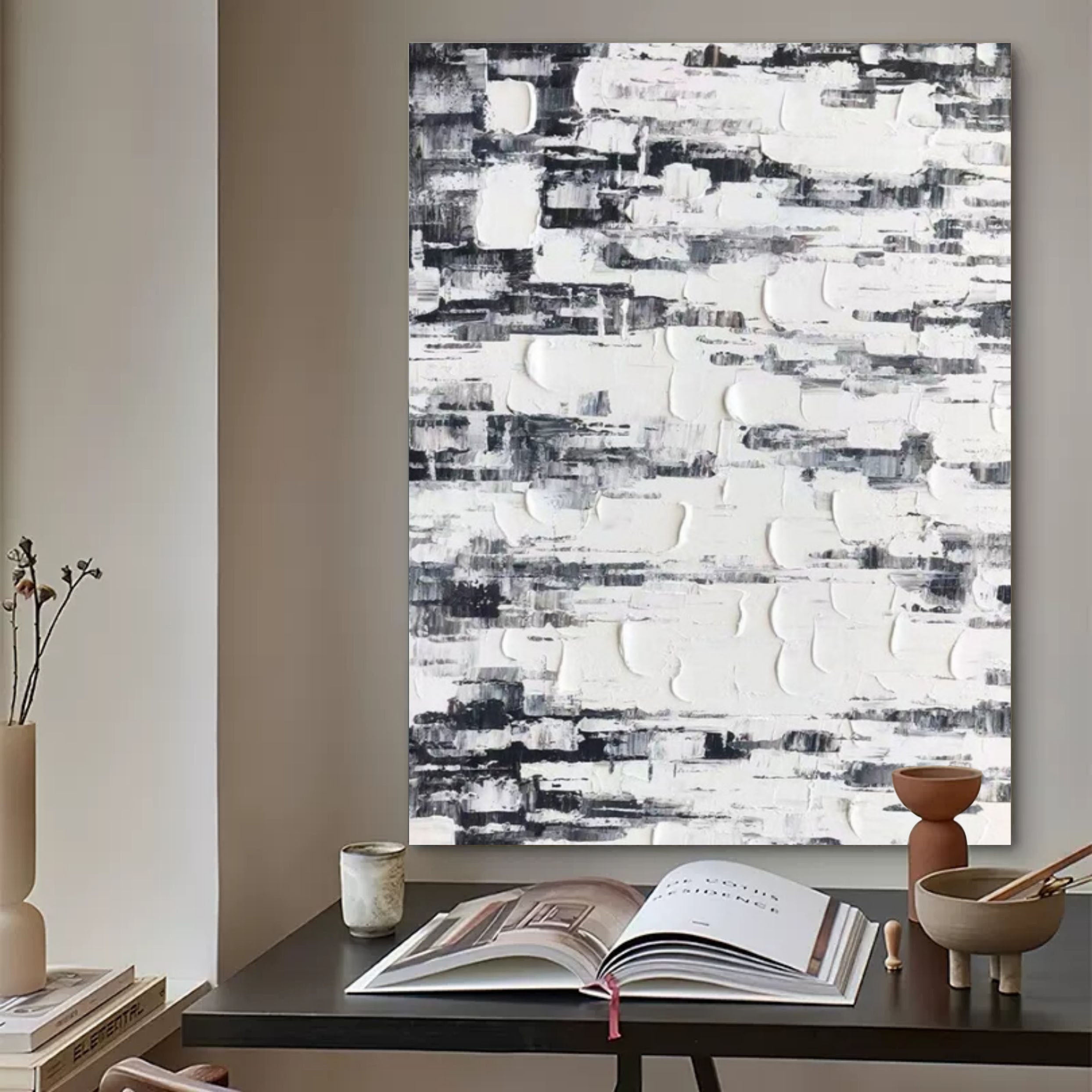 White And Gray 3D Abstract Art Wabi-Sabi Wall Art Minimalist Canvas Art 3D Textured Wall Painting