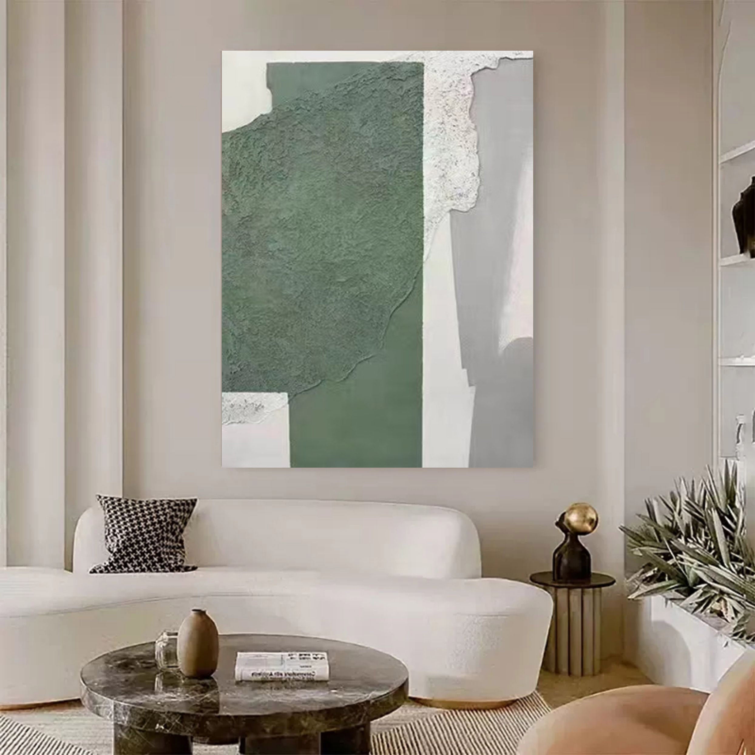 Large Gray and Green 3D Minimalist Canvas Art WabiSabi Wall Art Textured Wall Decor Hanging Painting