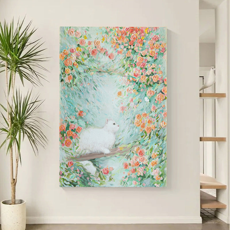 3D White Cat and Flowers Oil Painting Flowers Texture Wall Art Flowers Plaster Art Flowers Home Wall Painting