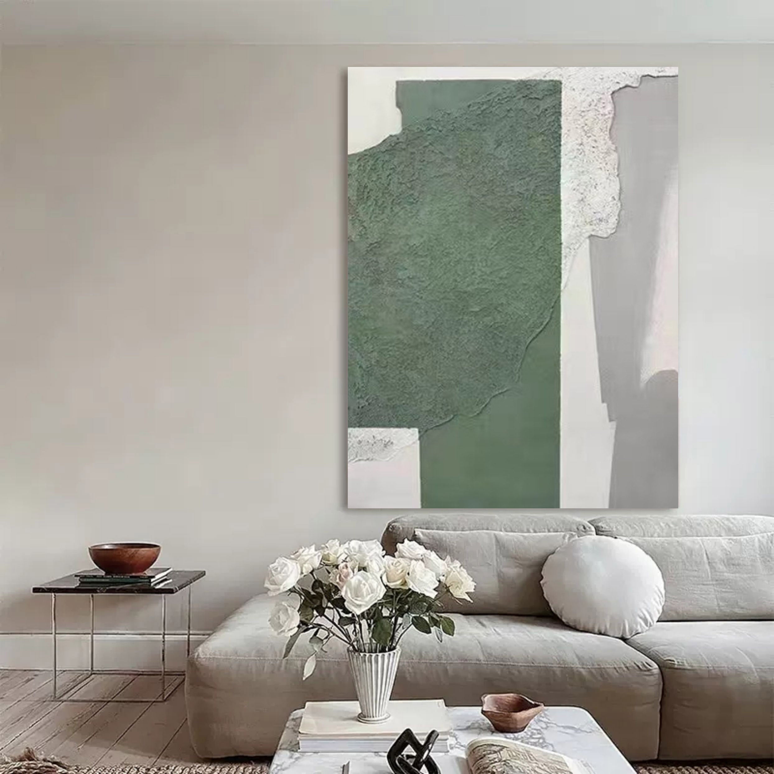 Large Gray and Green 3D Minimalist Canvas Art WabiSabi Wall Art Textured Wall Decor Hanging Painting