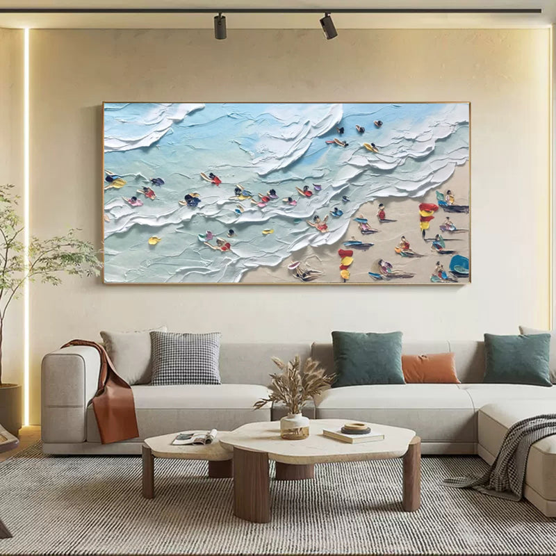 Large Blue 3D Texture Painting Seaside Surf Canvas Art Seaside Swimming Painting Sea Landscape Art