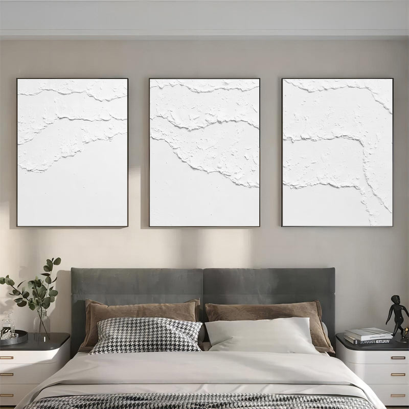 Large White 3D Abstract Art Textured Wall Art Plaster Wall Art Minimalist Canvas Painting Set of 3