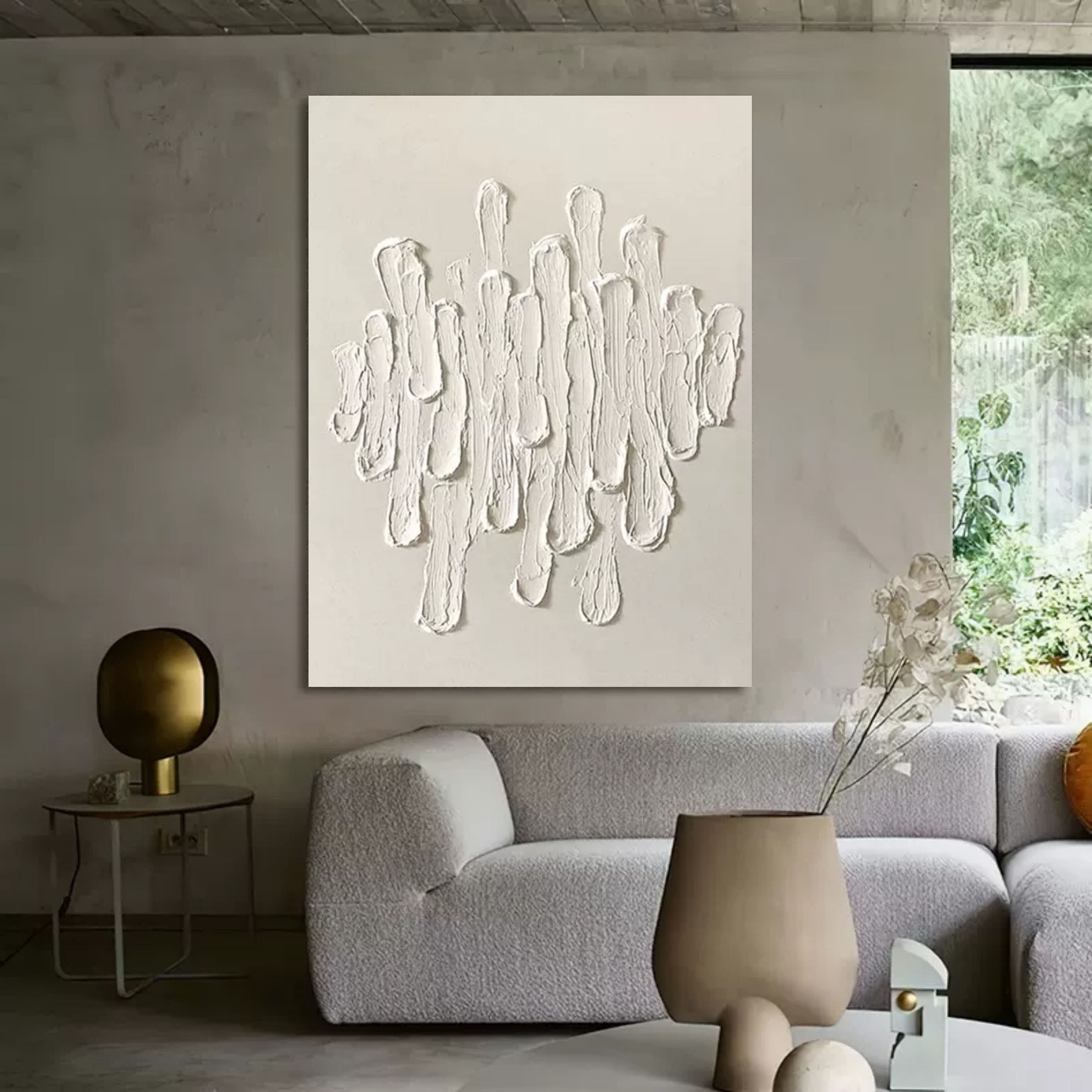 Large Beige 3D Minimalist Canvas Art Beige Abstract Painting 3D Plaster Art Knife Acrylic Painting