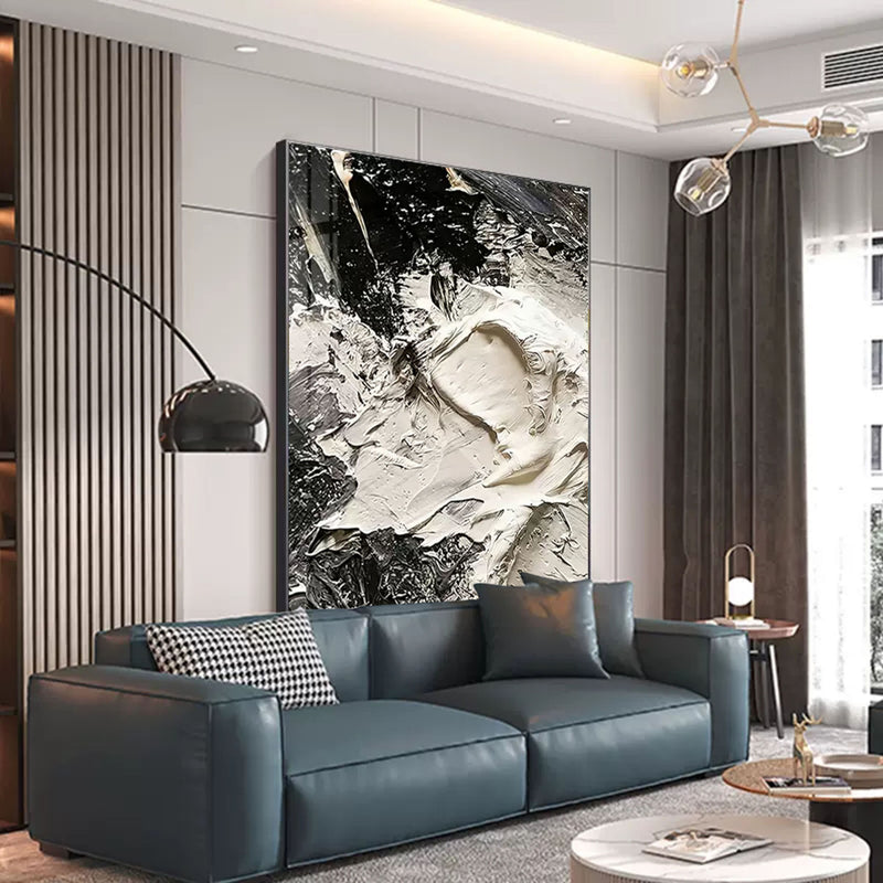 Black and white 3D textured canvas painting Heavy textured acrylic painting 3D plaster art