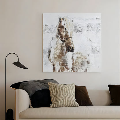 White Horse Oil Painting Textured Horse Canvas Wabi Sabi Wall Art Contemporary Horse Home Decor