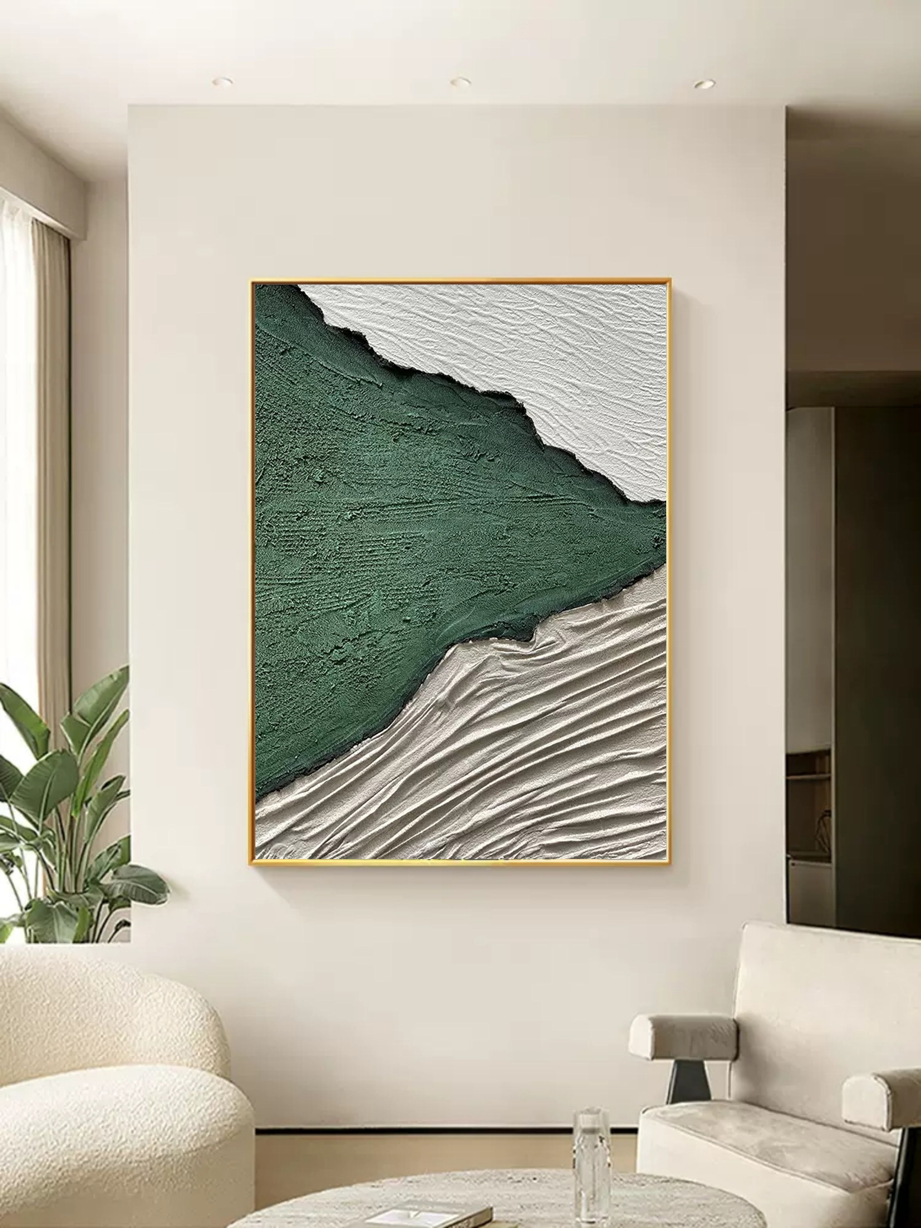 White and Green 3D Minimalist Abstract Painting Plaster Artwork on Canvas 3d Textured Wall Art