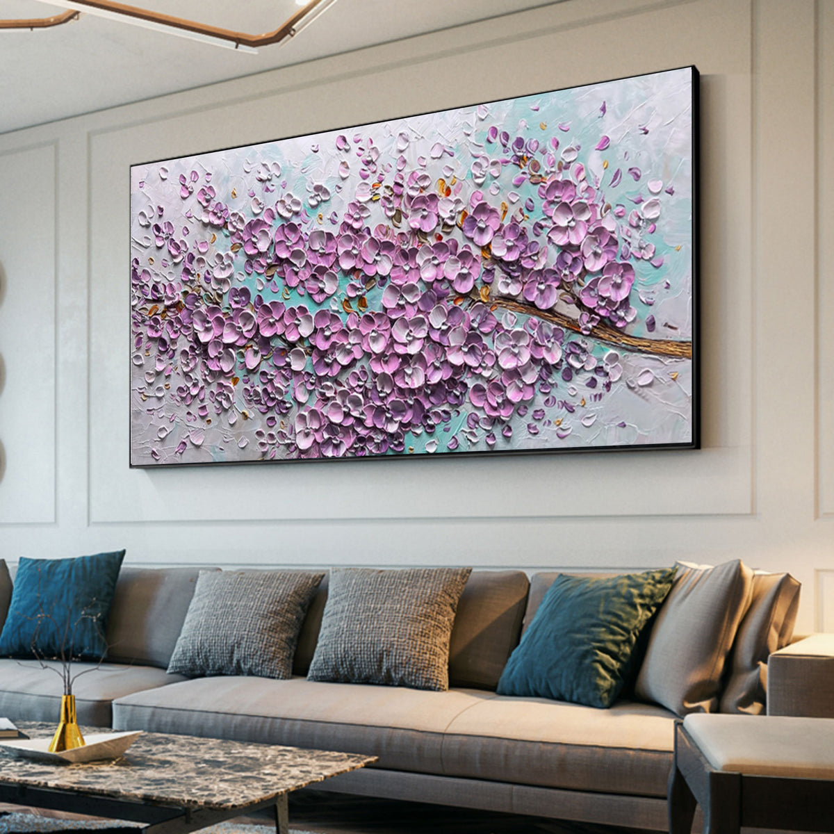 Large Pink 3D Flowers Oil Painting Panoramic Textured Flowers Wall Art ...