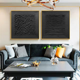 Black 3D Abstract Art Set of 2 Black Textured Wall Decor Painting Set of 2 Black Wabi-Sabi Wall Art Set of 2