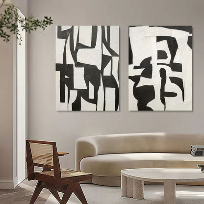 Set of 2 3D Black and White Art Canvas Abstract Black and White Oil Painting Set of 2 Wabi Sabi Wall Art