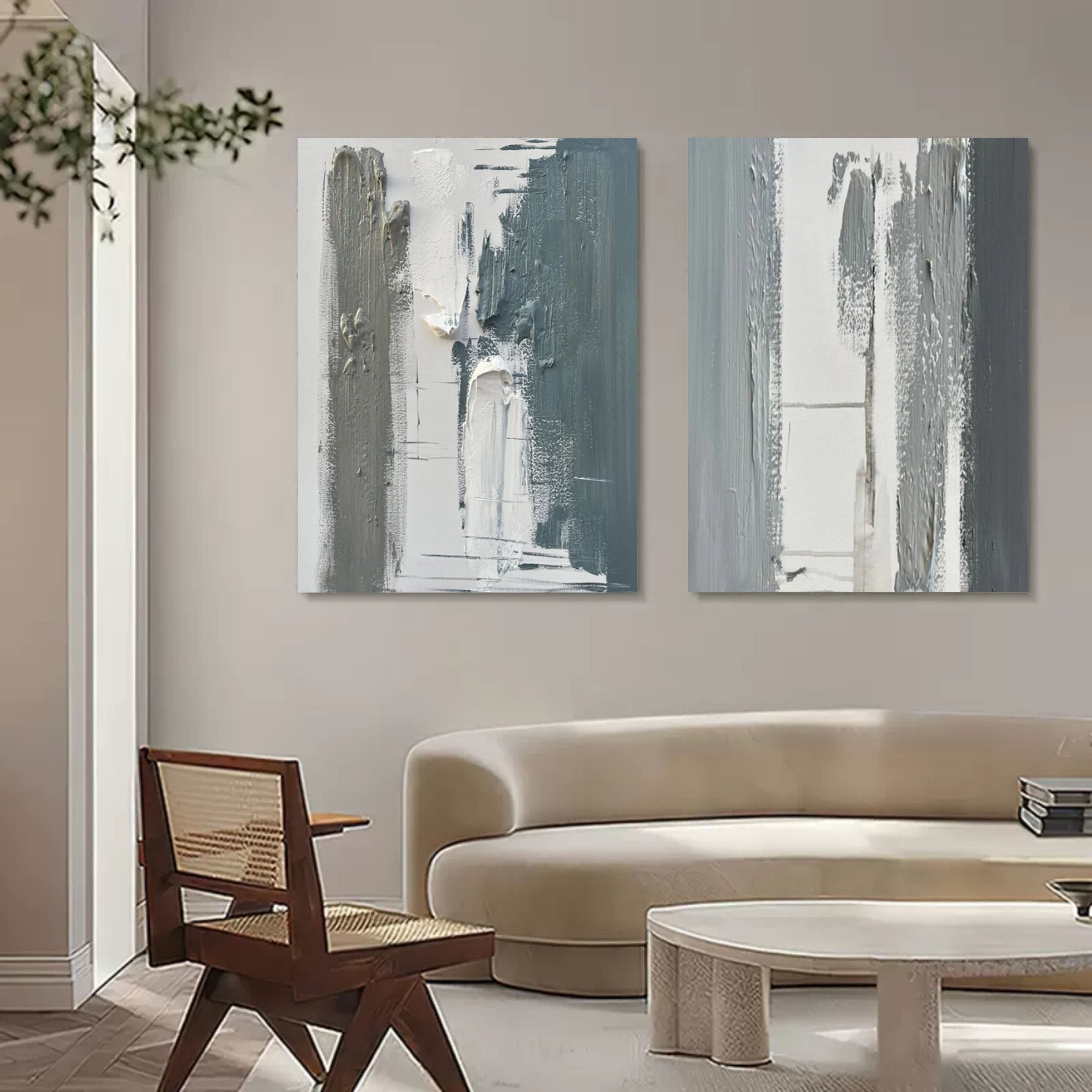 Green 3D Minimalist Canvas Art Set of 2 Textured Wall Art Wabi-Sabi Wall Decor Painting Set of 2