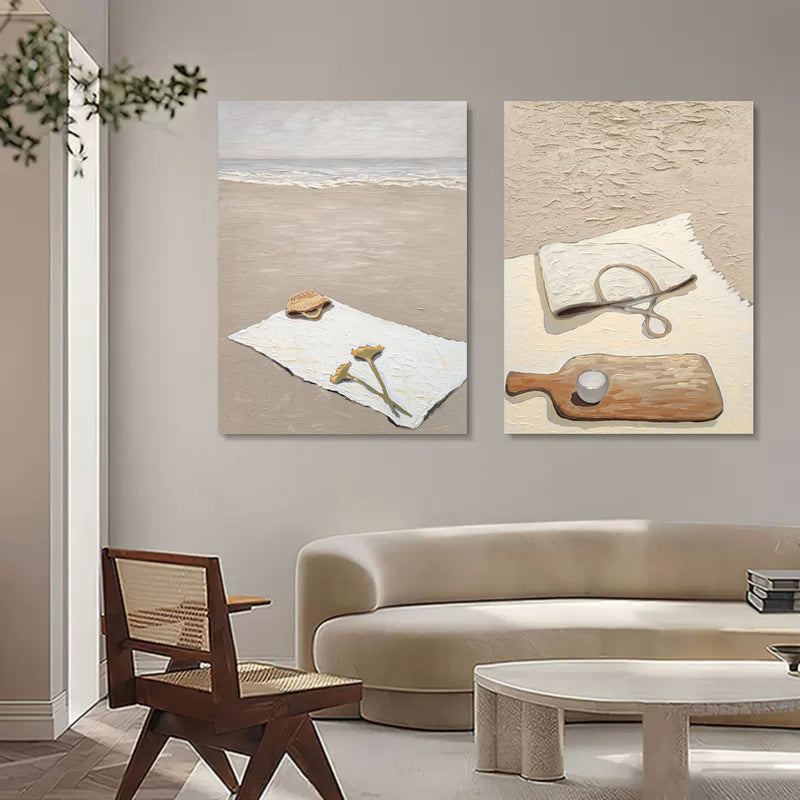 Wabi Sabi Painting Set of 2 Beach Landscape Art Canvas Texture Wall Art Still Life Painting Set of 2