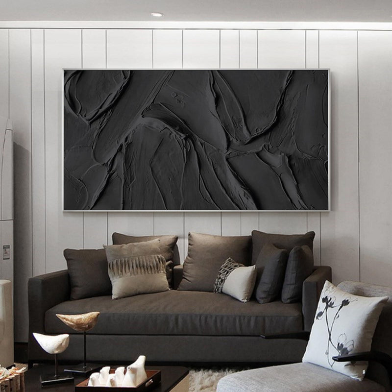 Panoramic Black 3D Abstract Painting Large Black Textured Wall Art Modern Minimalist Black Abstract Canvas Art