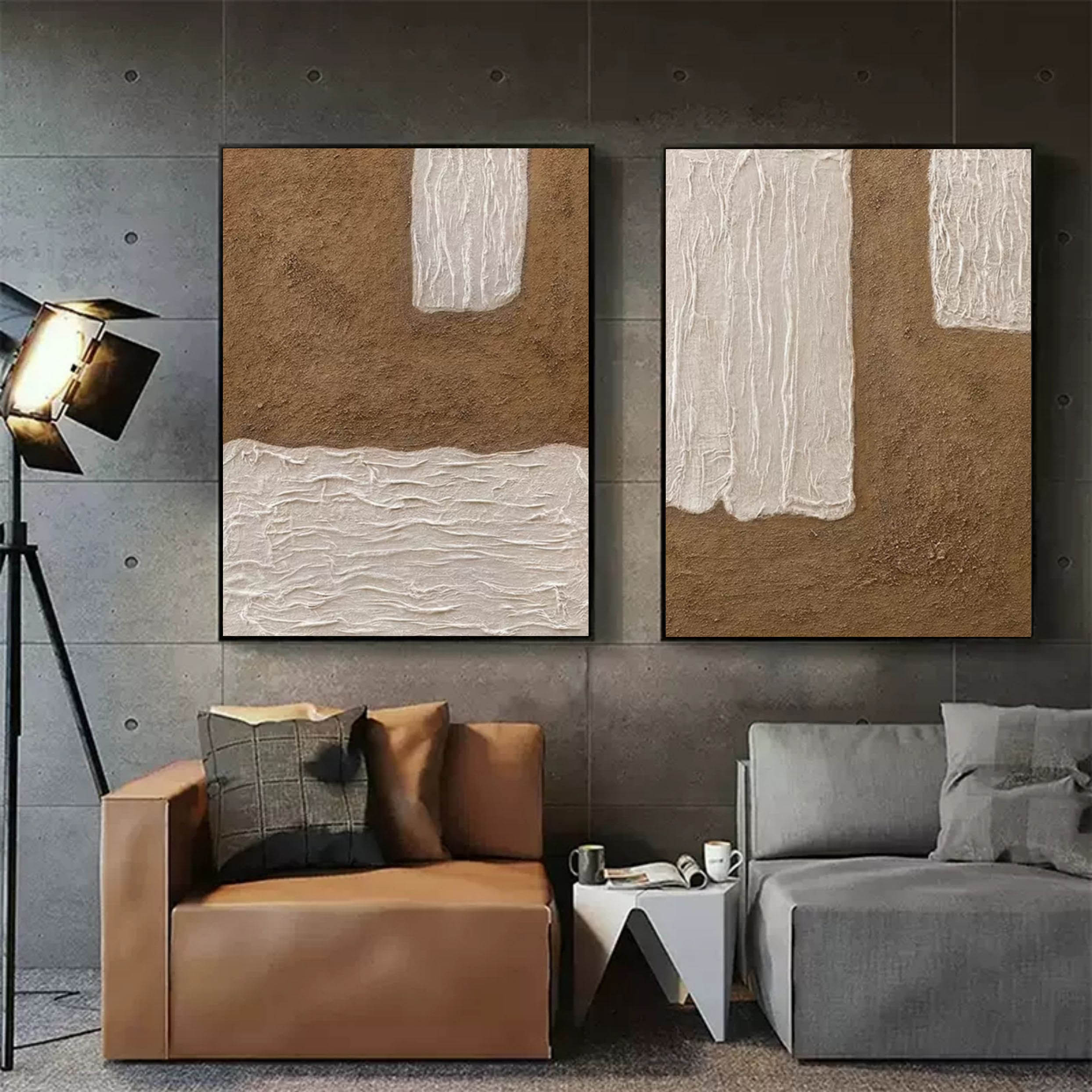 Brown and Beige 3D Abstract Painting Set of 2 Wabi-Sabi Wall Decor Painting Set of 2 Minimalist Painting Set of 2