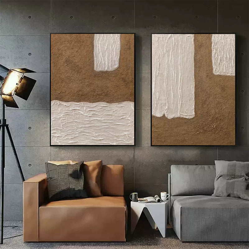 Brown and Beige 3D Abstract Painting Set of 2 Wabi-Sabi Wall Decor Painting Set of 2 Minimalist Painting Set of 2