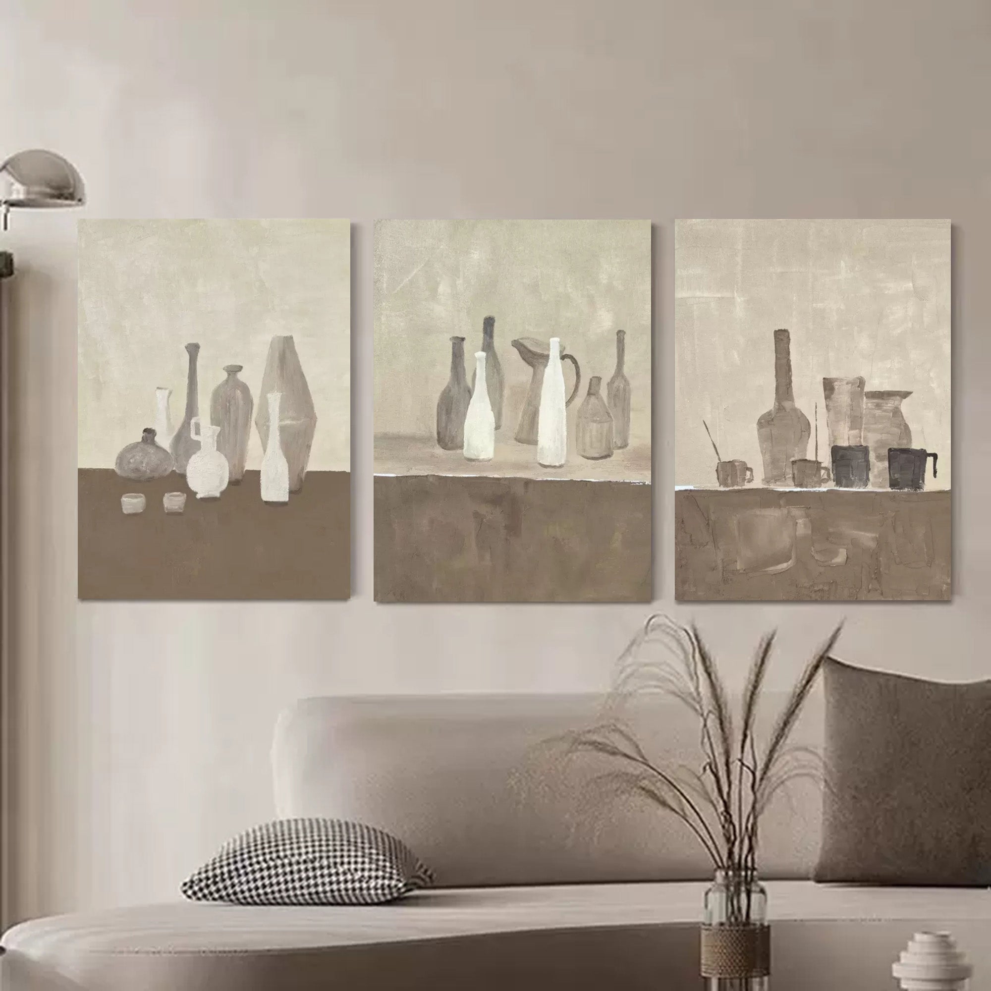 Large 3D Gray and Brown Oil Painting Set of 3 Still Life Oil Painting 3 piece set Wabi Sabi Wall Art