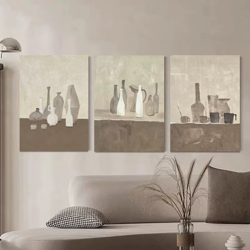 Large 3D Gray and Brown Oil Painting Set of 3 Still Life Oil Painting 3 piece set Wabi Sabi Wall Art