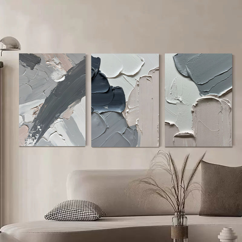 Large 3D Gray Abstract Art on Canvas Set of 3 Plaster Wall Art Textured Wall Decor Painting Set of 3