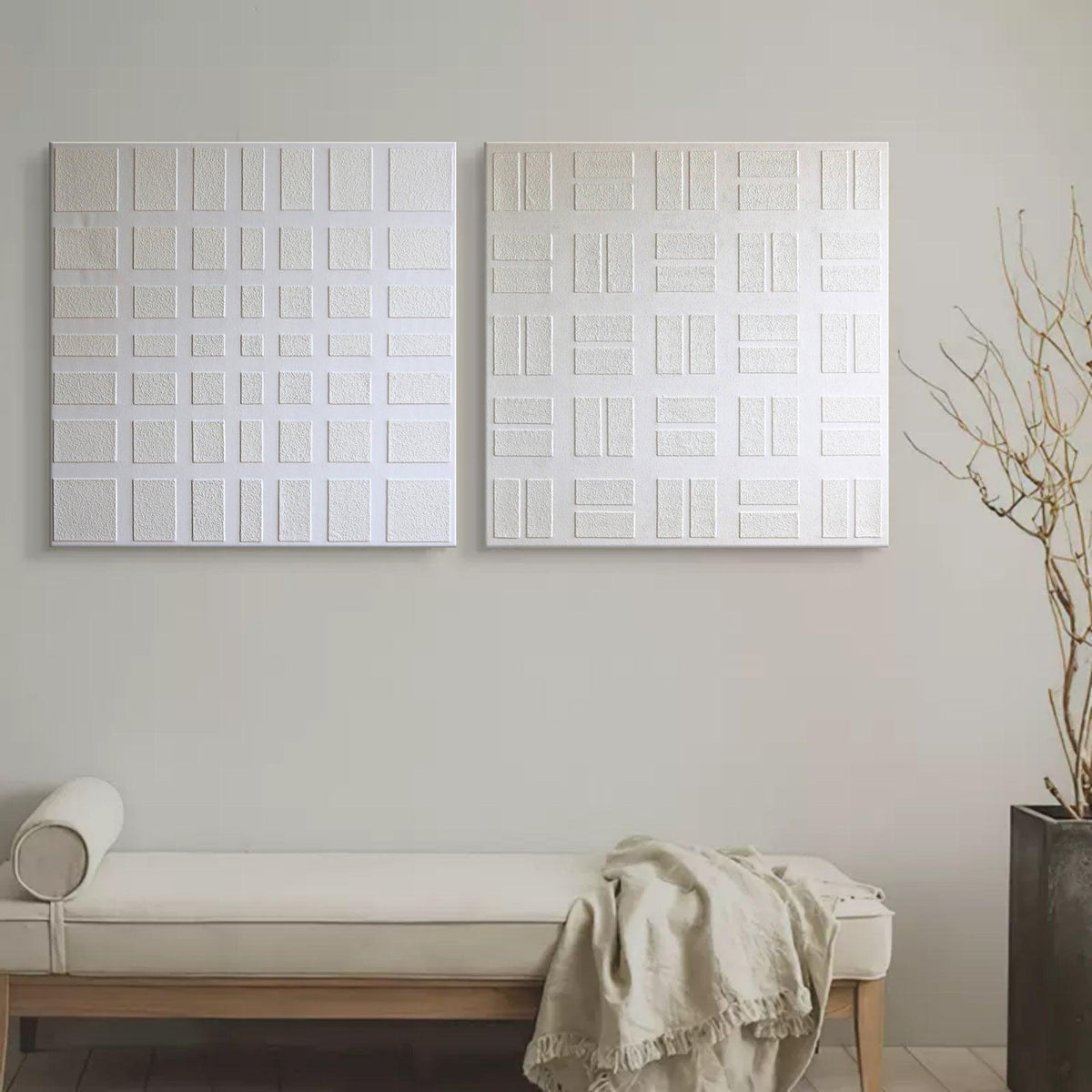 3D White Textured Art Canvas Set of 2 White Minimalist Wall Art White ...