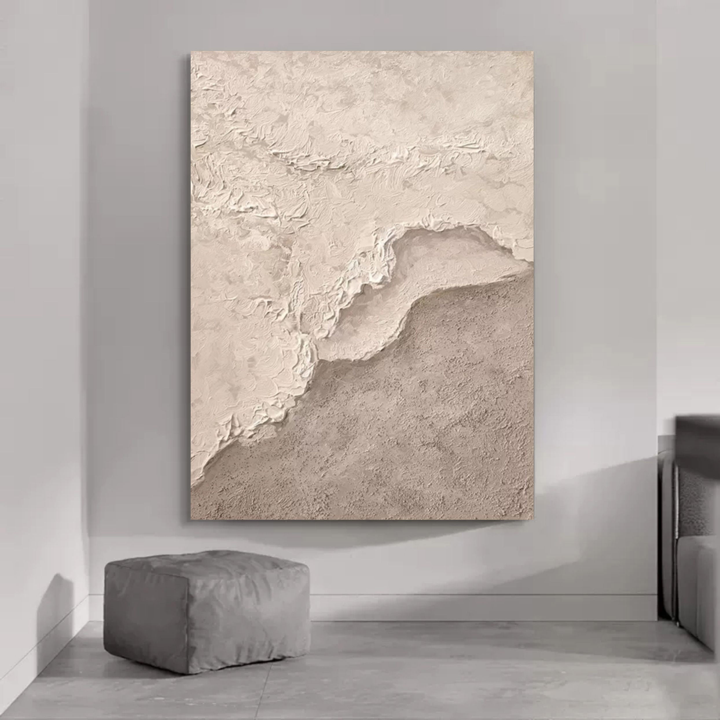 Beige and Gray 3D Abstract Painting 3D Plaster Art WabiSabi Wall Art Heavy Textured Acrylic Painting