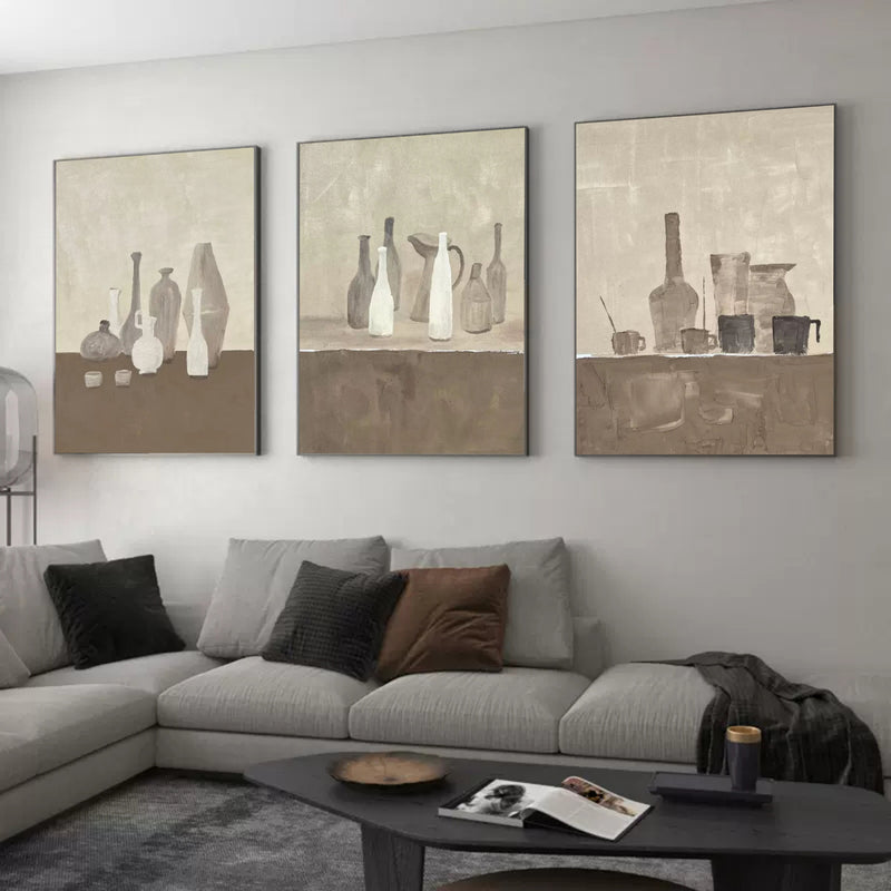 Large 3D Gray and Brown Oil Painting Set of 3 Still Life Oil Painting 3 piece set Wabi Sabi Wall Art