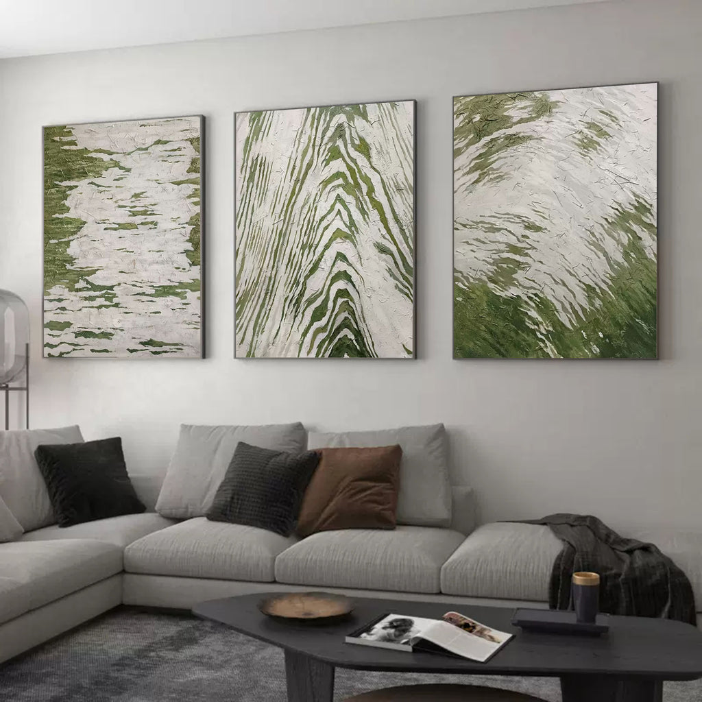 3D Green and Gray Abstract Canvas Art Set of 3 Textured Abstract Oil ...