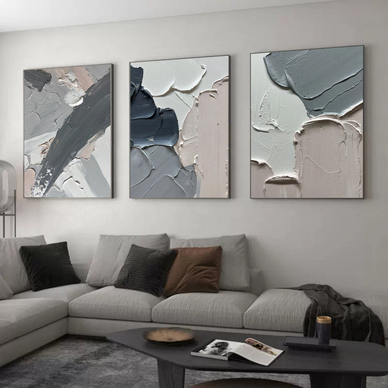 Large 3D Gray Abstract Art on Canvas Set of 3 Plaster Wall Art Textured Wall Decor Painting Set of 3